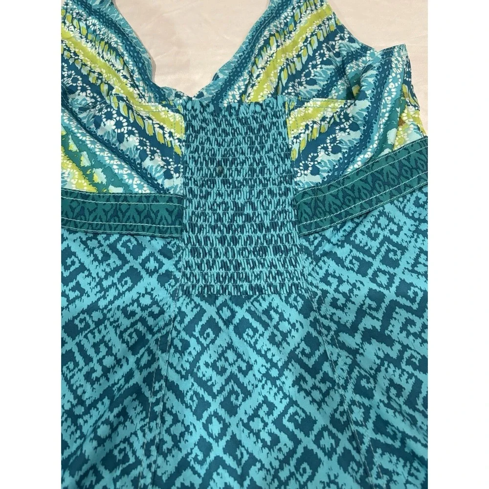 Athleta Pack Everywhere V Neck Halter Dress Turquoise Teal Geometric Design Sz 8